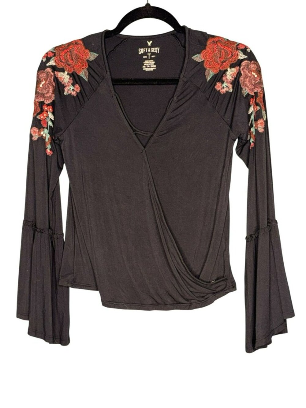 American Eagle XS Soft and Sexy Boho Western Embroidered Blouse Bell Sleeve